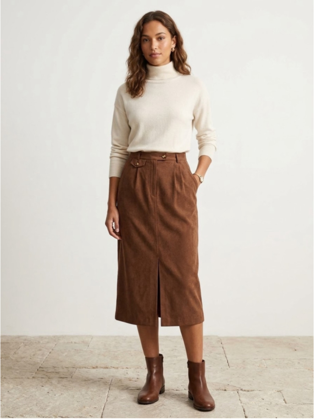 Orvis Faux Suede Midi Skirt 10 Petite Brown Western Cottagecore Vintage EUC